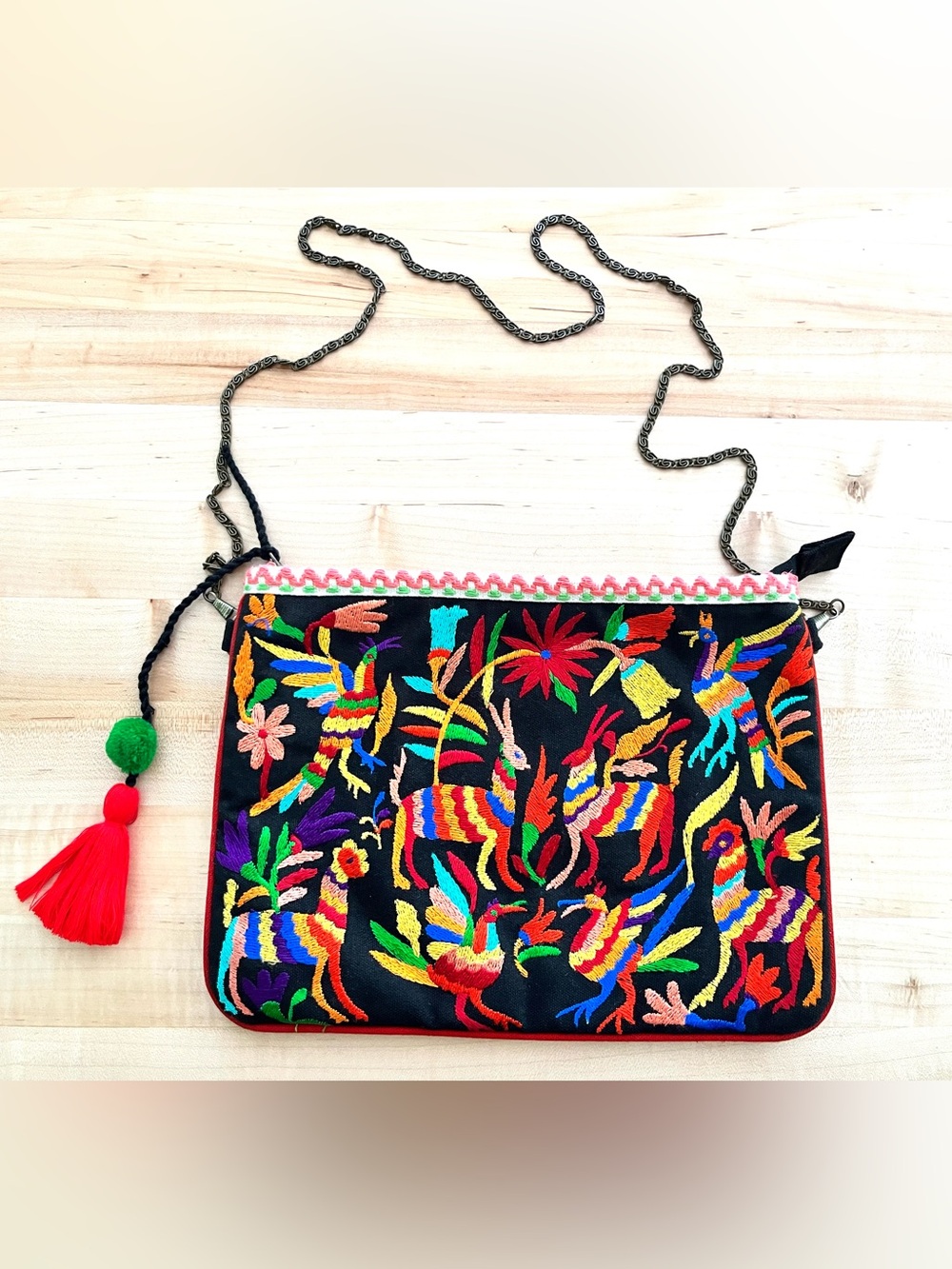 Steve Madden Embroidered Black Bag/Clutch with Multicolor Folk Art